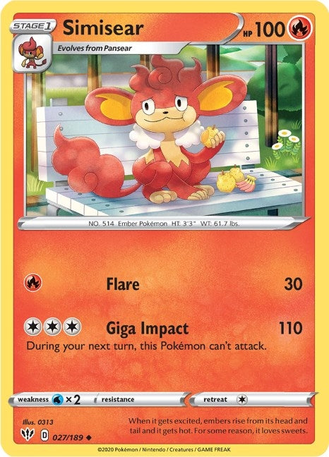 Image for Simisear (027/189) (SWSH03: Darkness Ablaze) (SWSH03) - Pokemon