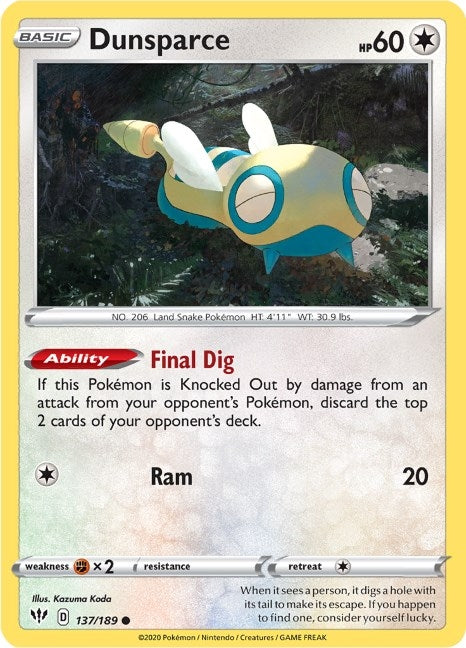 Image for Dunsparce (137/189) (SWSH03: Darkness Ablaze) (SWSH03) - Pokemon