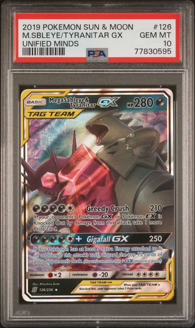 PSA 10 2019 POKEMON UNIFIED MINDS #126 M.SBLEYE/TYRANITAR GX